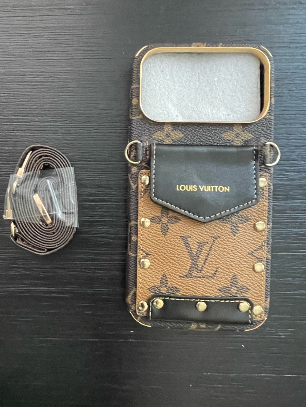 iPhone 17 pro max wallet crossbody Canvas Brown and Gold Studded Phone Case